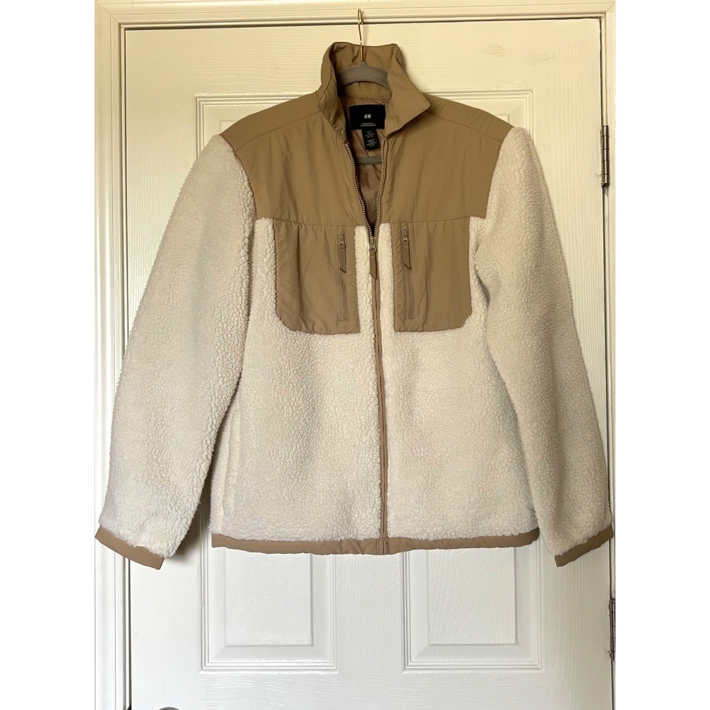 HM Mens Regular Fit Pile Fleece Jacket Tan Cream Colorblock Full Zip Small